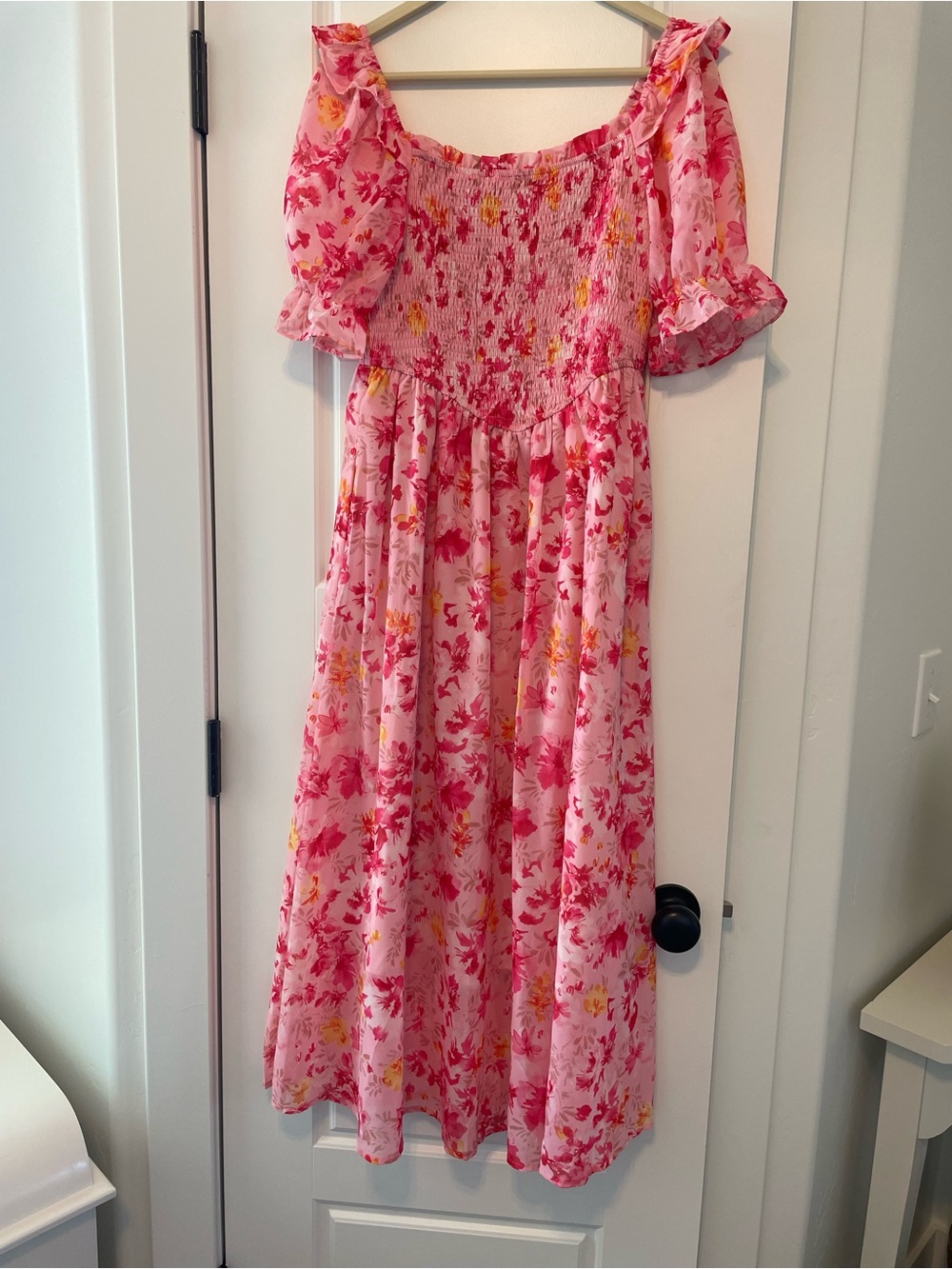 Pink Floral Smocked Midi Dress with Puff Sleeves